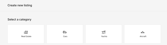 Select a category screen with Real Estate, Cars, Yachts and Aircraft
