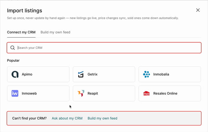 Connect my CRM tab in the Import listings window with the CRM search field and popular CRMs