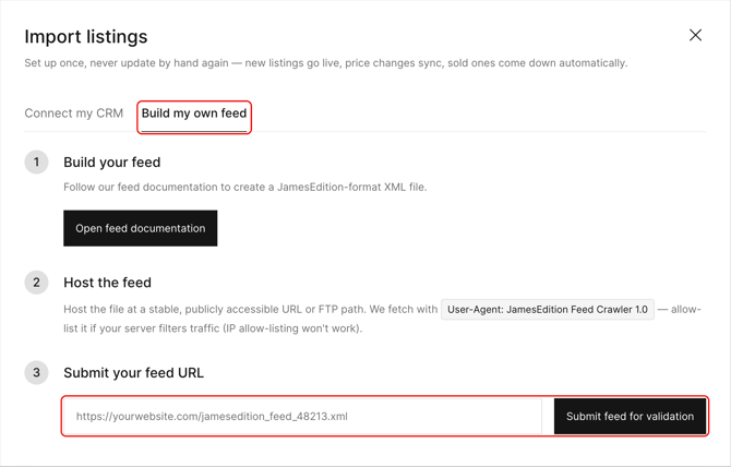 Build my own feed tab in the Import listings window with the field to submit your feed URL
