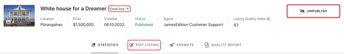 Listing pop-up window in the Business Account with Edit Listing, Unpublish and View live