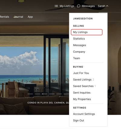 Account menu with My Listings for Business Account users