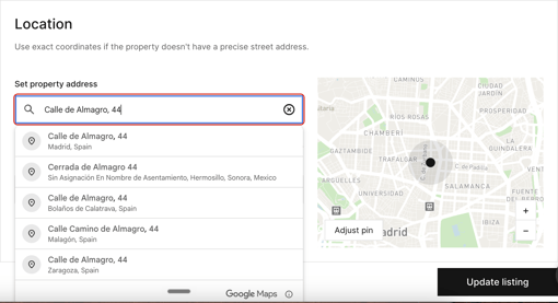 Location section of the listing form with Google address suggestions and the map with Adjust pin